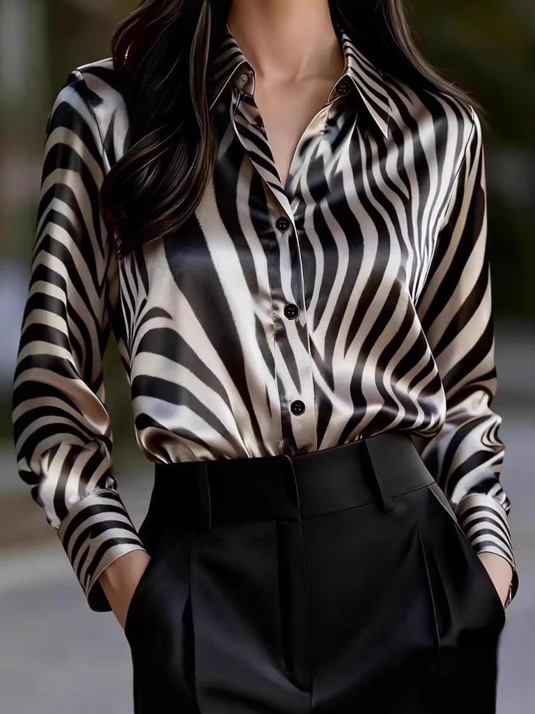 2026 Spring/Autumn Casual Loose Zebra Print Button-Up Shirt for Women