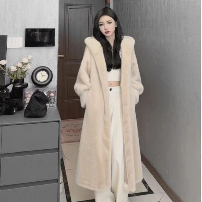 Hooded Extended Knee Fur Integrated Coat Women's Ankola Red Fur Jacket New Imitation Mink Leather