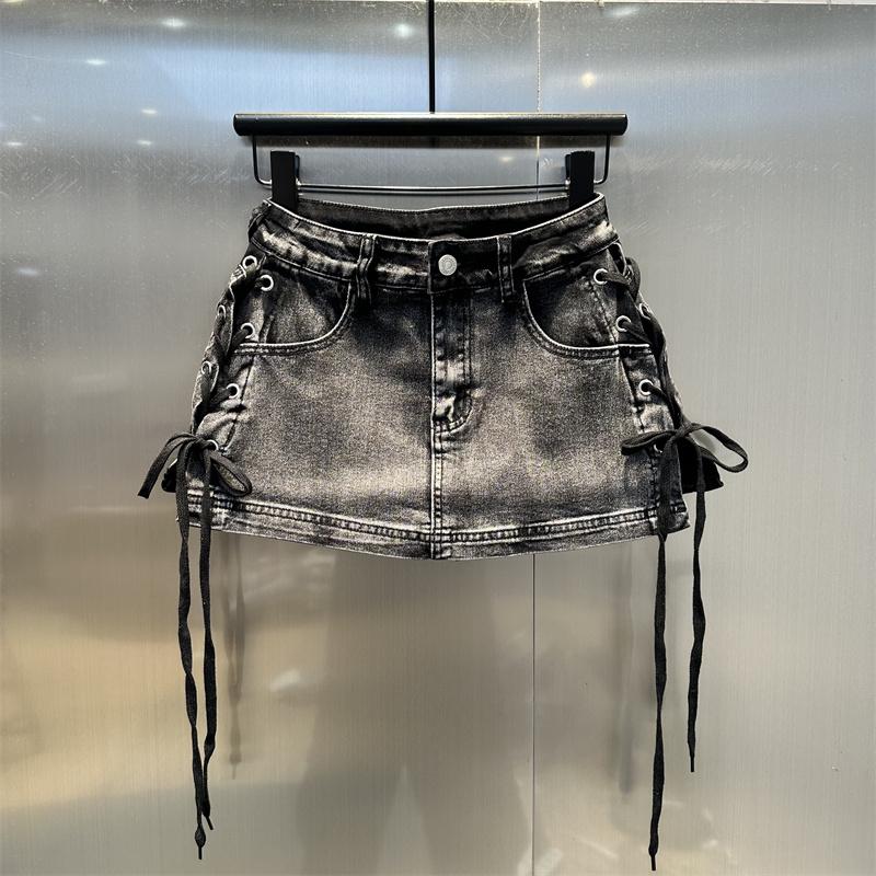 Niche Design Sense Straps Spice Girl Hip Skirt Women's Autumn American Retro High Street Leopard Print Denim Skirt Tide