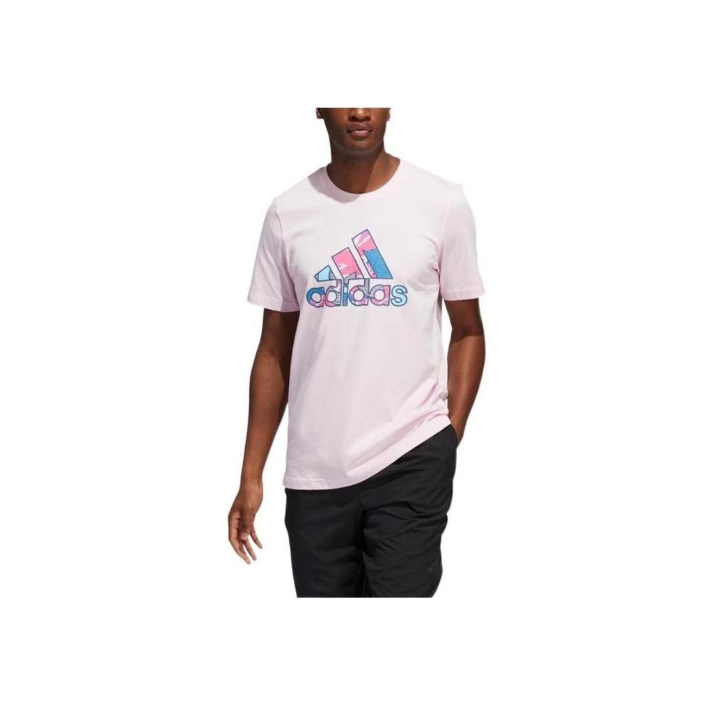 Adidas Solid Color Logo Print Pullover Crew Neck T-Shirt Men Tops Pink HS4333