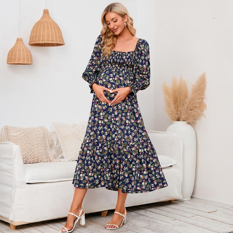 YYFS Women's Fashion Spring Fall Flower Pattern Print Long Sleeve Square Collar Loose Waistline Casual Dresses