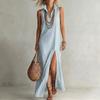 Women's Turn Down Collar Sleeveless Slim Fit Striped Maxi Dress Side Split Long Dress For Beach Casual Daily Wear