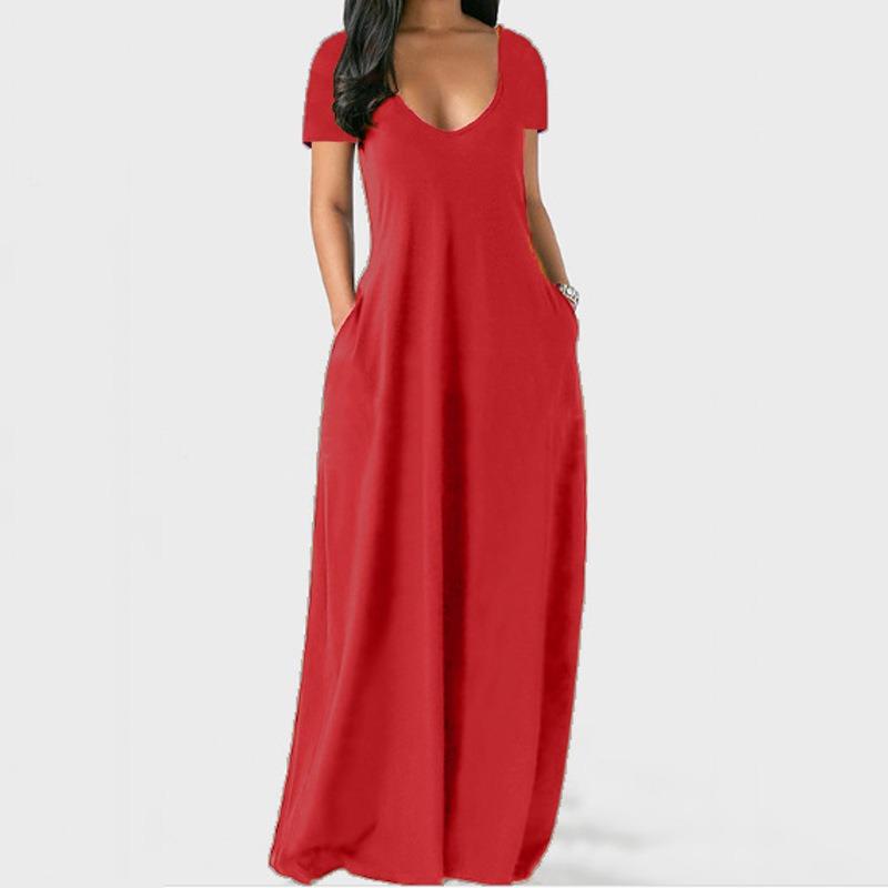 QICED Fashion Summer Spring Solid Color Print Short Sleeve U-Neck Casual Dresses Unique design