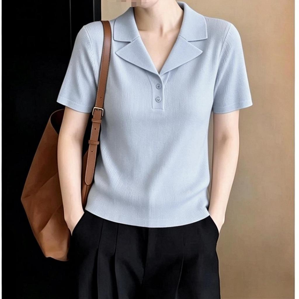 2026 French Style Women's Slimming Tencel Short Sleeve Knit Lapel Top
