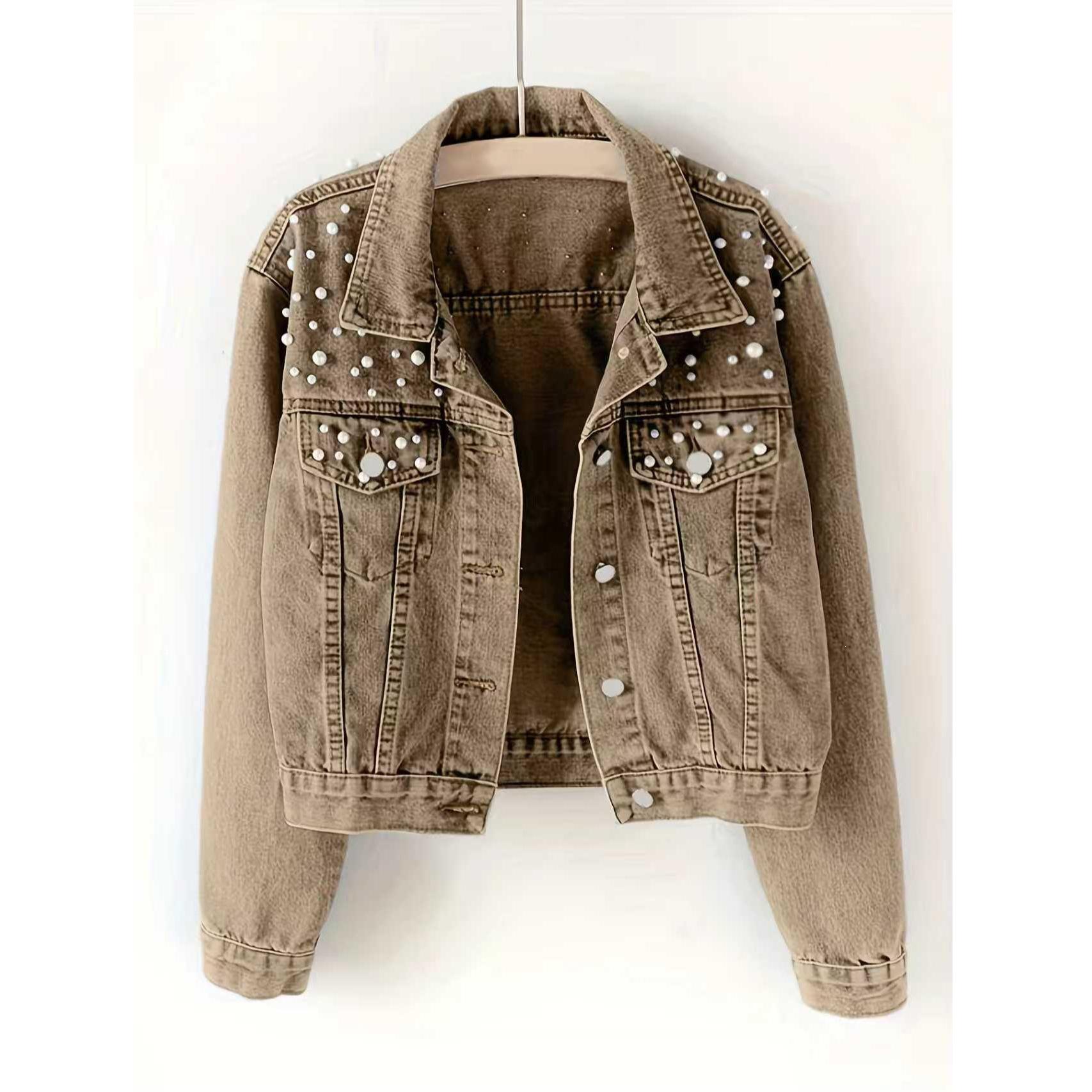 Pearl-Embellished Women s Plus Size Stretch Denim Jacket 5XL