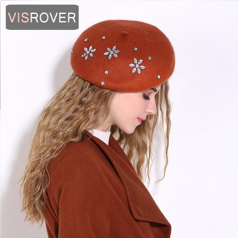 VISROVER Woman Wool Winter Beret DIY Female Rhinestone Wool Cap Autumn Winter Hat Solid Color Top Quality Women Boina Wholesales