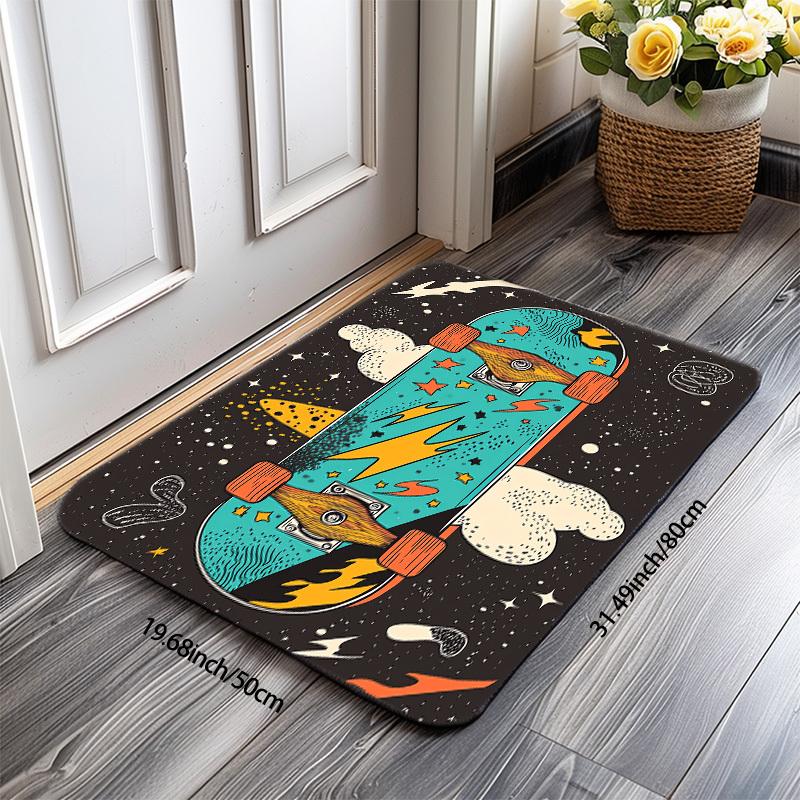 1 Stück Teppich mit Skateboard-Muster, 8 mm dick, maschinenwaschbar, leichtes Polyester mit PVC-Rückseite, rechteckige Bodenmatte für La
