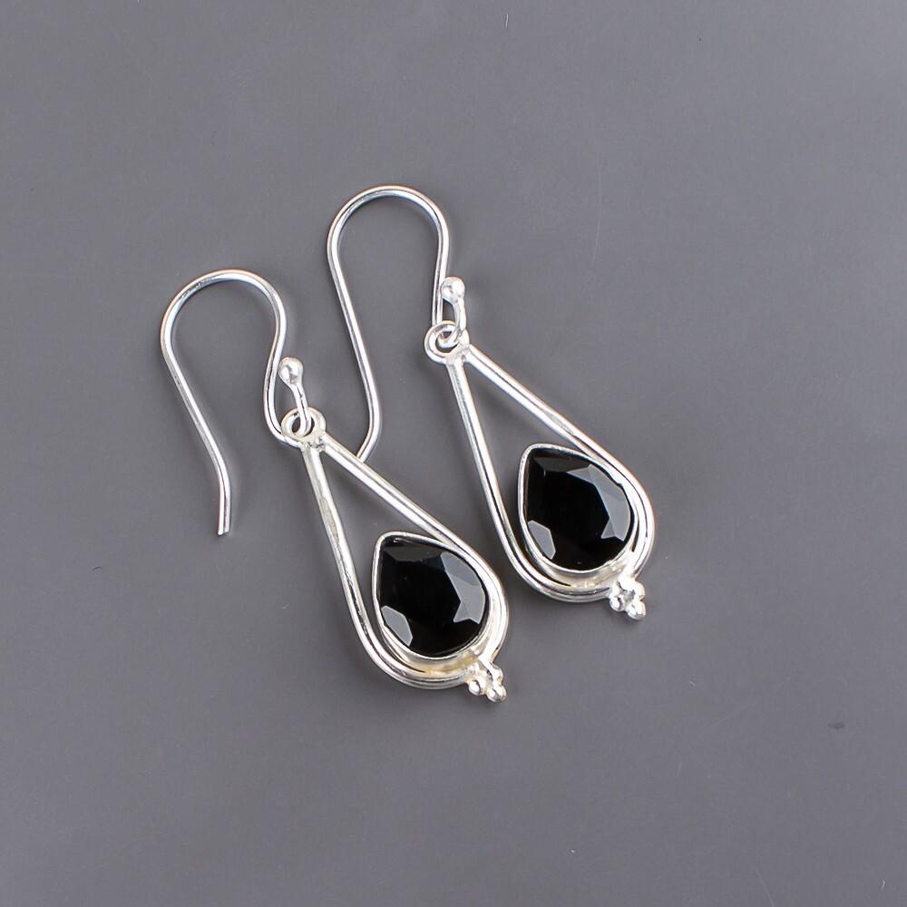 Black Onyx Gemstone 925 Sterling Silver Handmade Jewelry Earrings 1.50" For Gift EE-14-16
