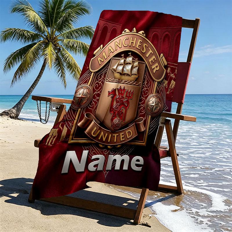 Custom Name Personalized Manchester United Print Beach Towel, for Trip Camping Beach Party Home Decor, Birthday Gift for Family & Friends