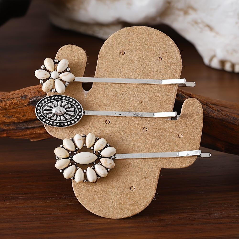 3PCS Bohemian Vacation Style Turquoise Inlaid Women's One Word Clip Seaside Vacation Daily Dressing Side Clip Hair Accessories