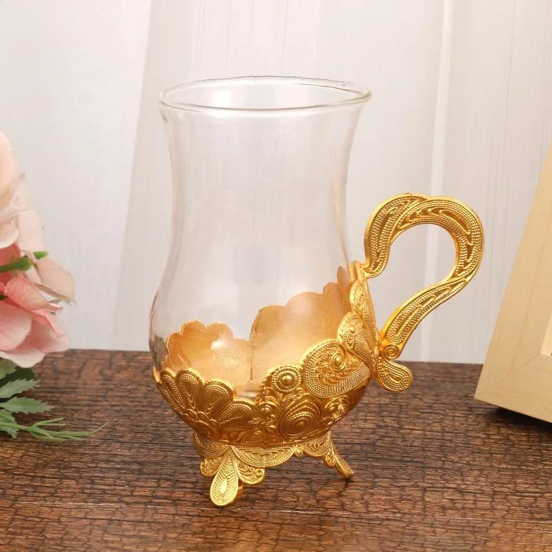 European Style Metal Glass Cup Teacup Dish Set Coffee Cup Milk Cup Teacup Beverage Cups Household Beverage Utensil Water Cups