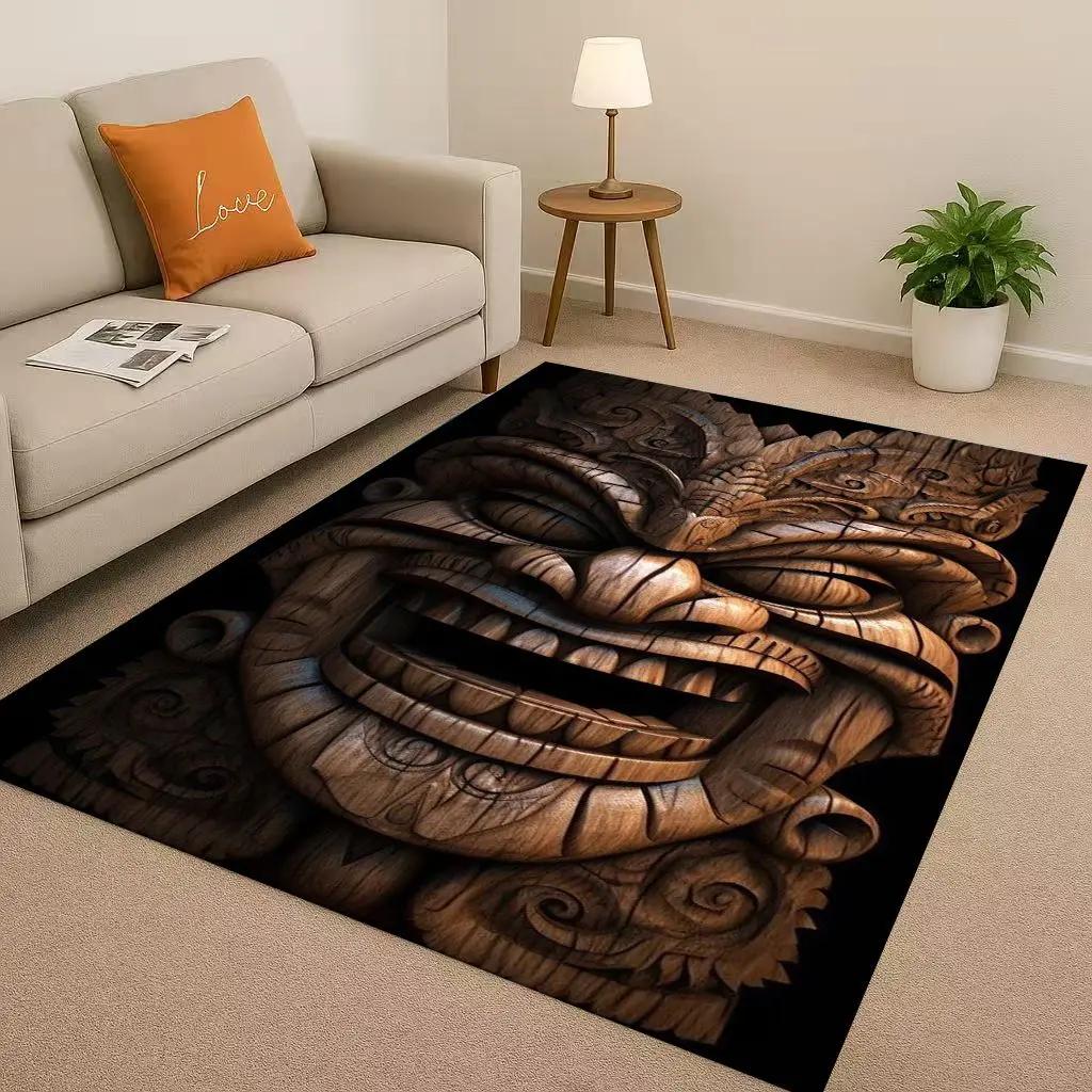 Retro Aztec Totem Maya Mask Sun God Living Room Non-Slip Area Rug Soft Carpet For Bedroom Sofa , Easy Clean Home Doormat Playmat