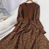 Trendy Autumn/Winter Korean Style Slimming Patchwork Tie-Up Knit Long Dress with Corduroy Floral Print