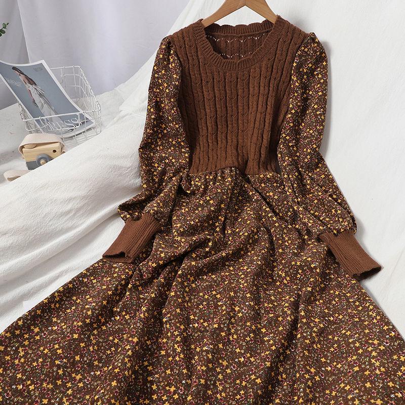 Trendy Autumn/Winter Korean Style Slimming Patchwork Tie-Up Knit Long Dress with Corduroy Floral Print