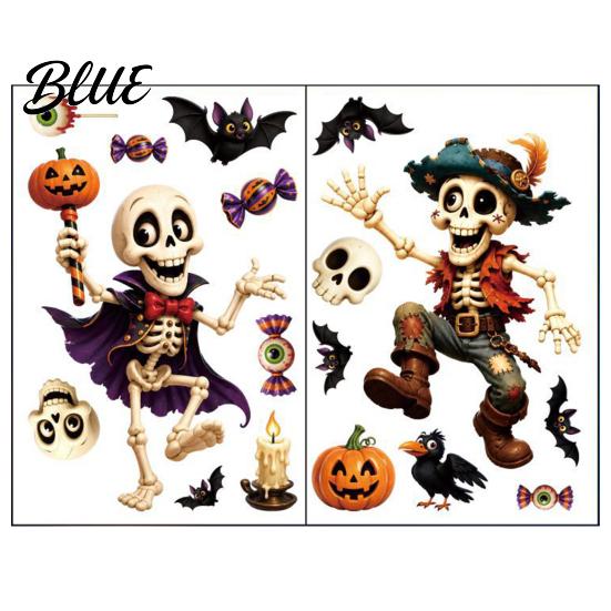 Non-adhesive Halloween Stickers 2 Sheets Window Clings Cartoon Skeleton Static Stickers Funny PVC Electrostatic Ghosts Bats Pumpkins for Glass Doors