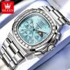 Men Square Diamond Bezel Quartz Watch Moon Phase Date Chronograph Luminous Waterproof Wrist Watch