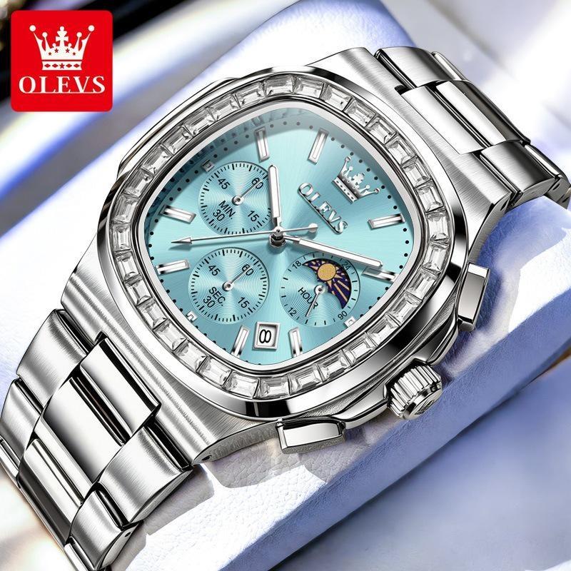 Men Square Diamond Bezel Quartz Watch Moon Phase Date Chronograph Luminous Waterproof Wrist Watch