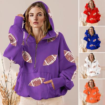 Sudadera con Capucha para Mujer Media Cremallera Sudaderas Oversize con Estampado de Rugby con Lentejuelas Tops Casual de Otoño para Ponerse Encima con Bolsillos