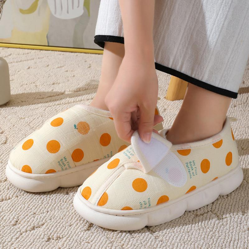 Fashion Lovely Fruit Print Cotton Slippers Women Winter Hook and Loop Non-Slip Plush Slides Women Soft Faux Fur Warm Slipper Mujer