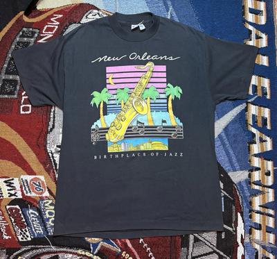 Vintage New Orleans Birthplace of Jazz Shirt Graphic Mens XL Black 80s Tee Jays