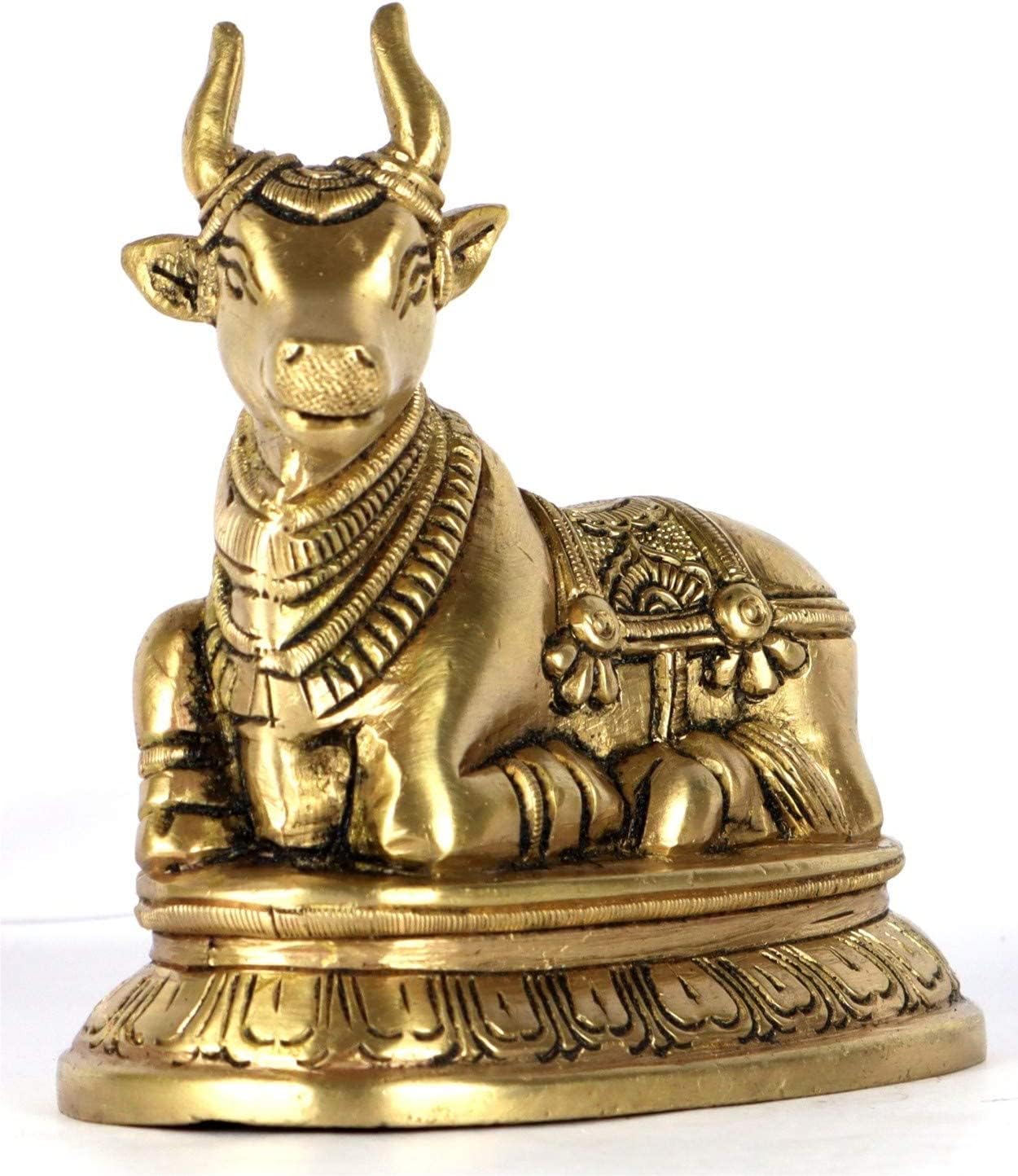 100% Чистая Латунь Статуэтка Коровы Нанди, Религиозная Мурти Быка Нанди, Золотая - 9 X 11 См