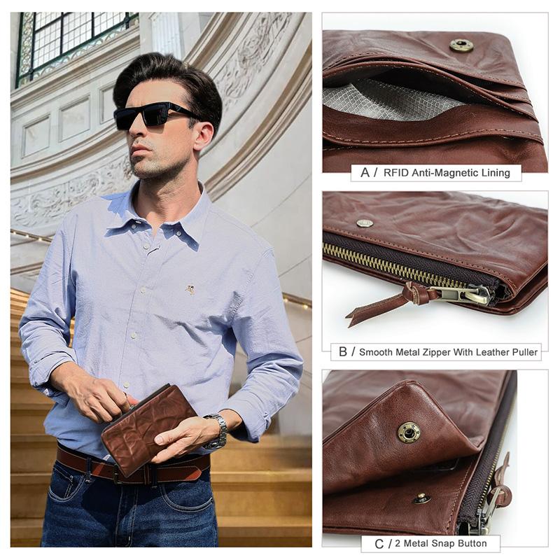 CONTACT'S Leather Wallet Men Retro Casual Natural Card Holder Coin Purse Male Travel Business Gift Long Wallet