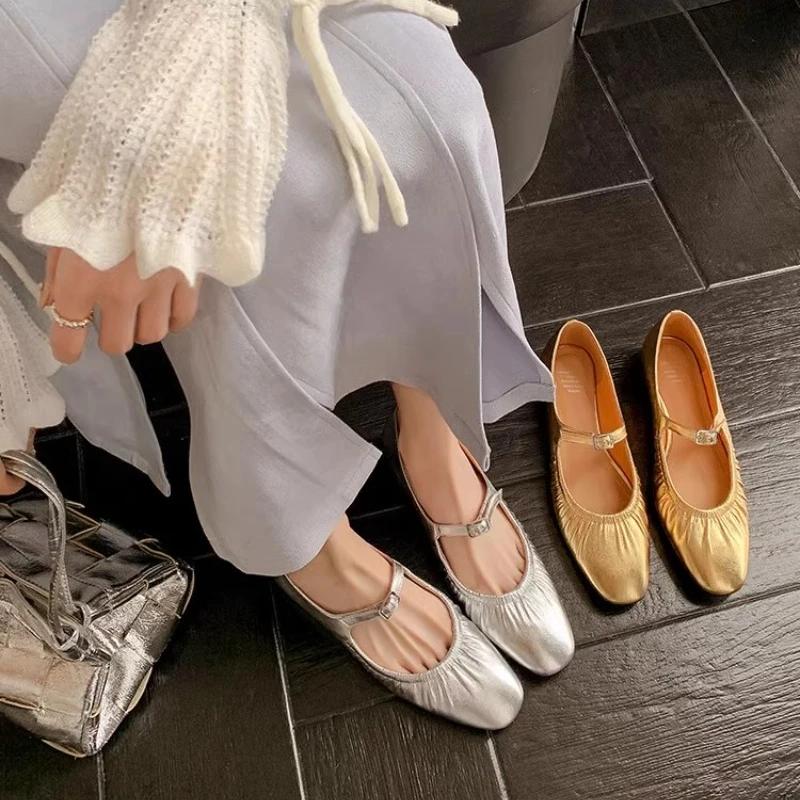 Fashion Pleated Fashion Ballet Flats Women Leather Shoe Women Casual Buckle Strap Silver Flats Gold Square Toe 2024 Spring Women's Shoes