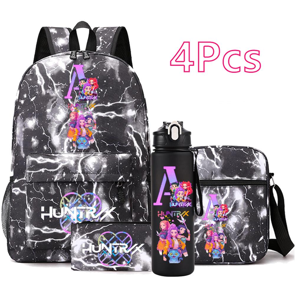 4 Stück/Set Cartoon Anime Aufdruck Rucksack Große Kapazität Schultasche Umhängetasche Tasche mit 750ml Wasserflaschenhalter Junge Mädchen Schultasche