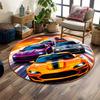 "Speeding Sports Cars On Fiery Track" Print Round Rug, Living Room, Bedroom, Playroom Carpet, Non Slip Floor Mat, Gift