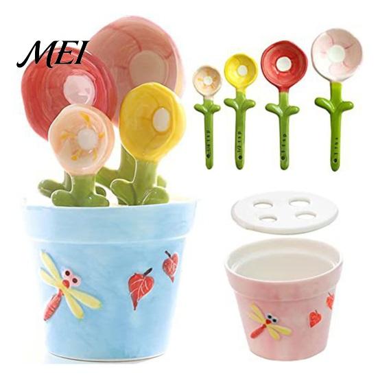 Bloempot Maatlepels Set 4 Stuks Lepels Set, Keramische Nestelbare Bekers met Standaard, Dagelijks Gebruik Schattig Keuken Bakgereedschap voor Koffie Thee, Cadeau