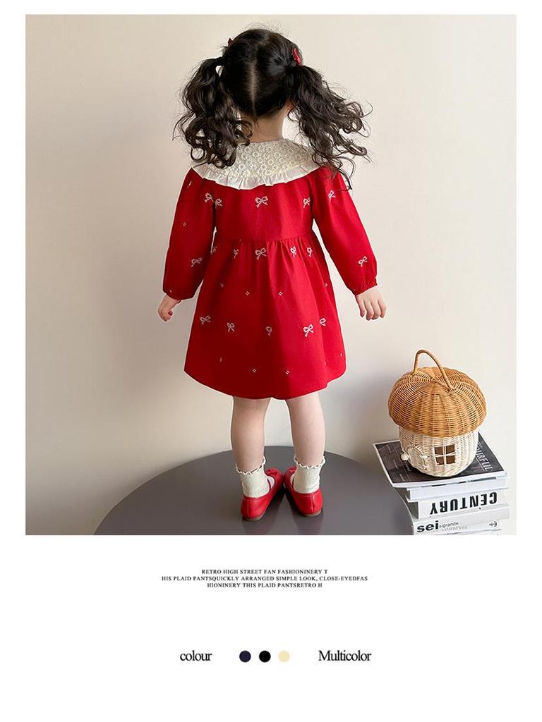 Spring Lace Collar Dress for Girls - Bow Embroidered Princess Skirt