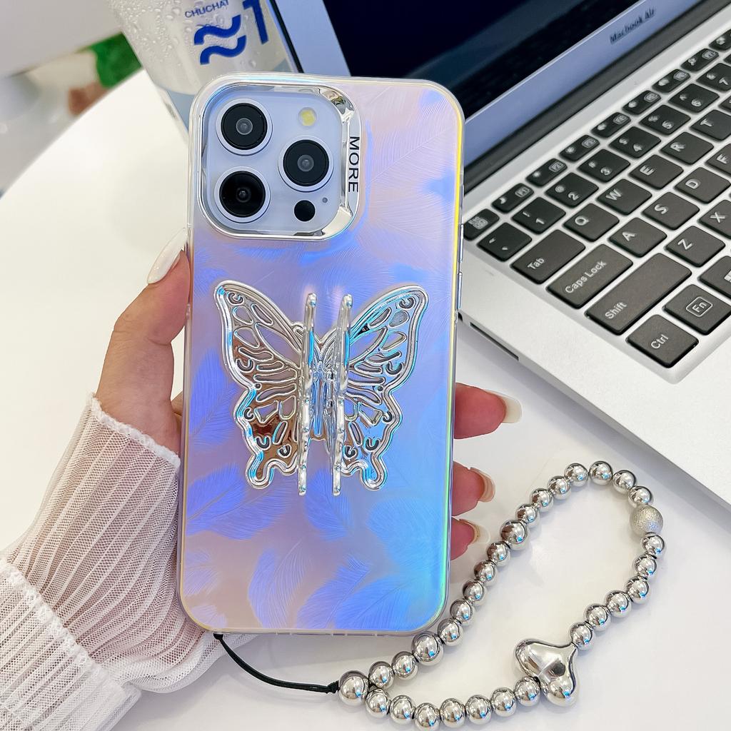 For Apple 16E Three-dimensional Butterfly Stand Electroplated Laser for IPhone15promax Bracelet Mobile Phone Case