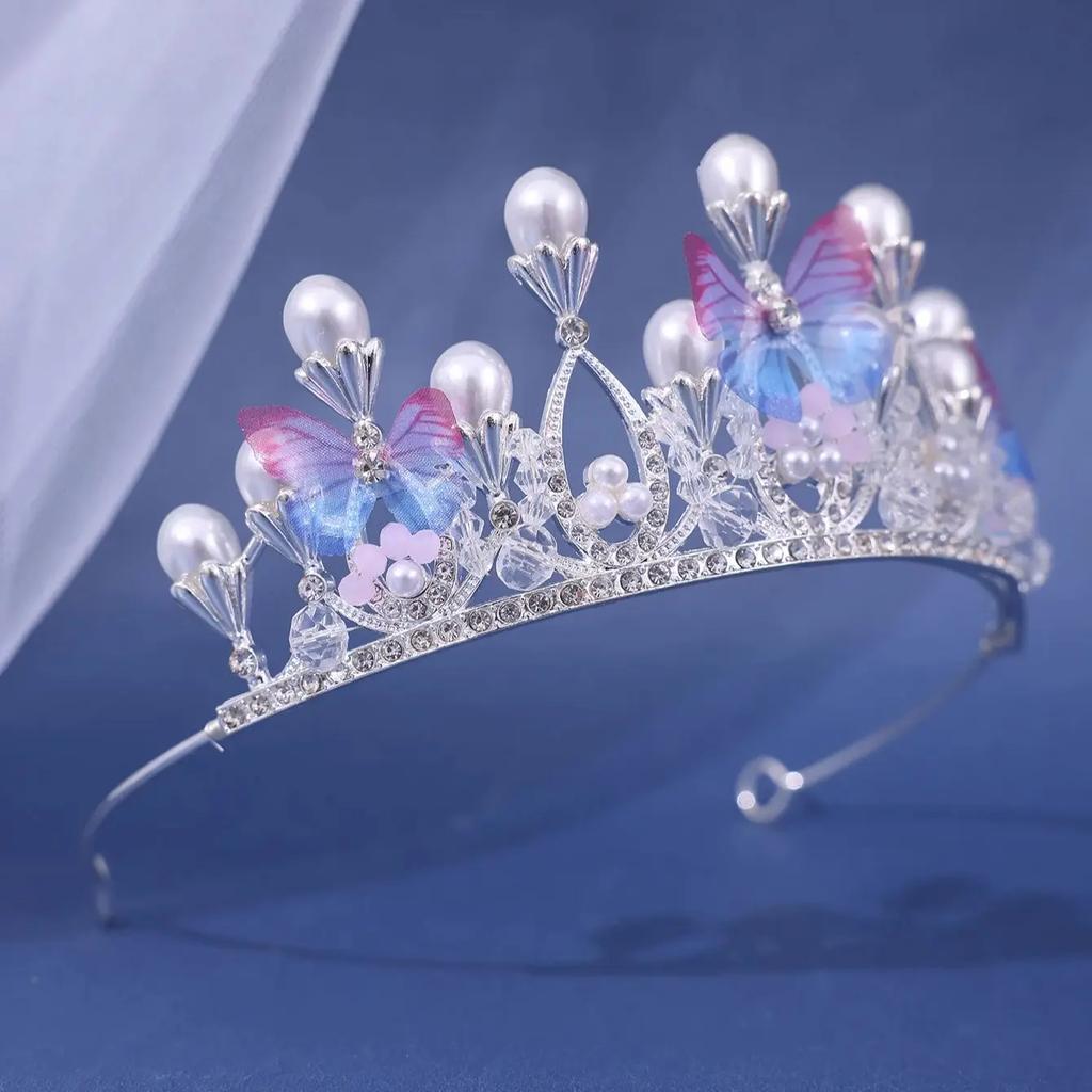 Children and Adults Romantic Butterfly Shape Princess Crown for Girls Handmade Rhinestone Tiara Pearl Headband for Birthday
