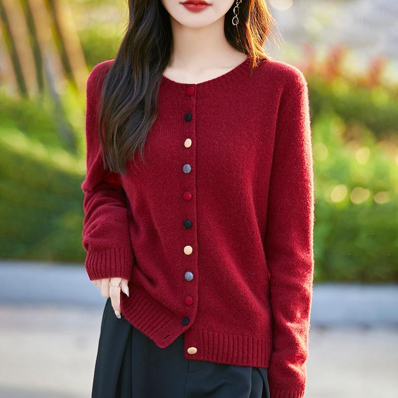 Suéter de cashmere feminino Qinghe cashmere 30% cashmere 70% lã outono e inverno cardigan cashmere macio e quente