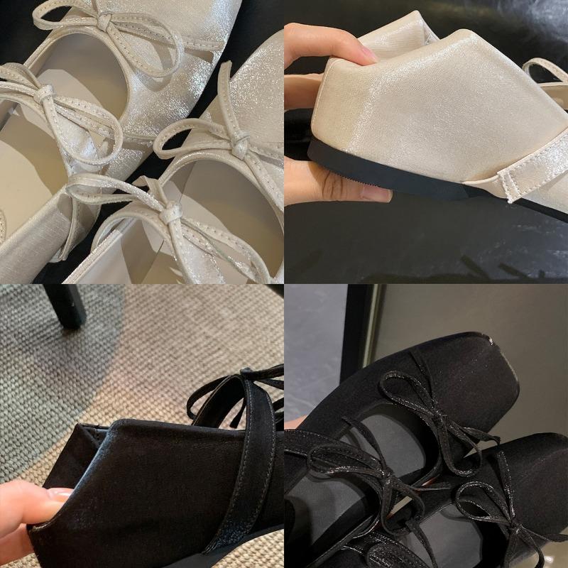 Sheepskin~ Height increase 4cm bow square head versatile shallow mouth Mary Jane single shoes women's flat shoes