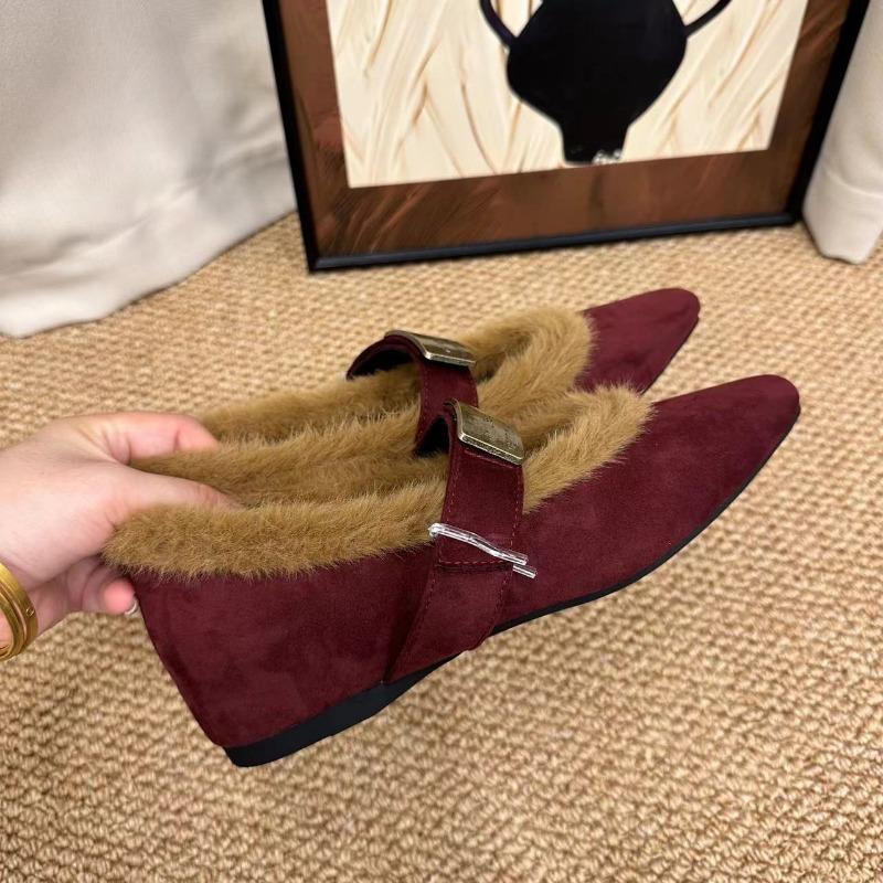 Leopard Print Mary Jane Single Shoes Autumn and Winter New Pointed Small Inner Height Increase Plush Shoes