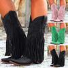 Fringe Boots For Women Mid Calf Women's Boots Comfortable Pull On Chunky Heel Pointed Toe Fringed Boots Western Knee High Fit