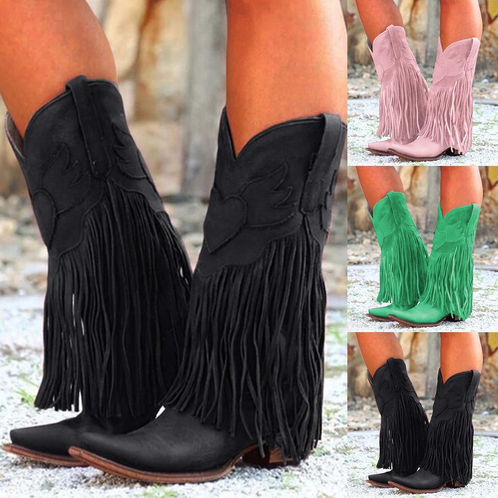 Fringe Boots For Women Mid Calf Women's Boots Comfortable Pull On Chunky Heel Pointed Toe Fringed Boots Western Knee High Fit