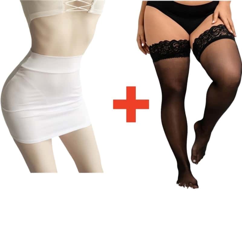 2PCS/SET Women High Waist Pencil Mini Skirts+Stockings Dress Set,Sexy Casual Wrap Hips Black Short Skirt and Pantyhose