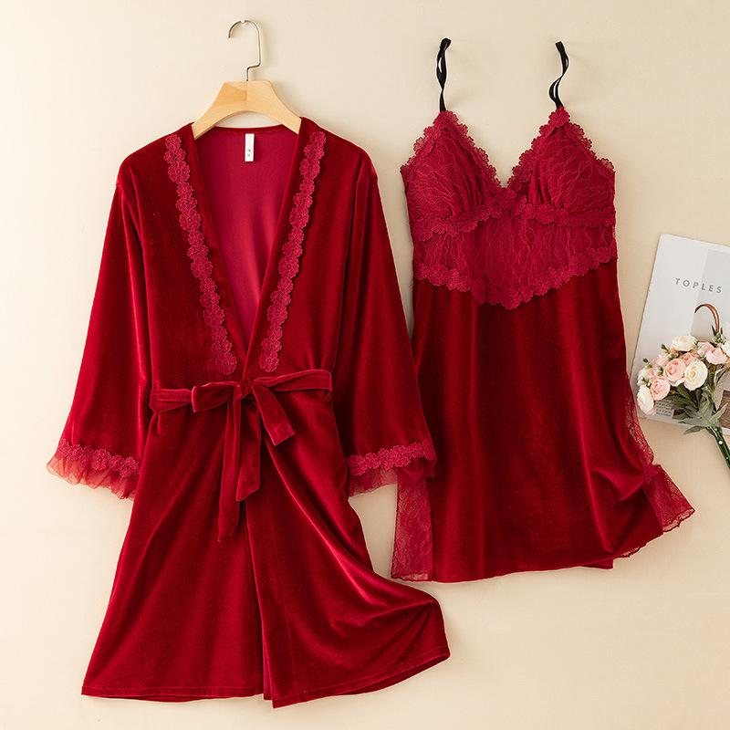 New Autumn Velvet Pajamas Two-piece Robe Set Feminine Lace See-through Robe Bathrobe Casual Velvet Home Clothes