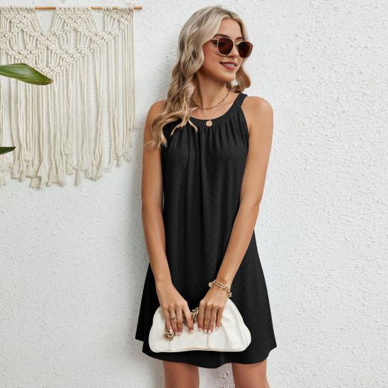 Summer Women Dress Hollow Out Off Shoulder Sleeveless Crochet Solid Color Pleated Loose Vacation Beach Sundress Daily Soft Mini Dress