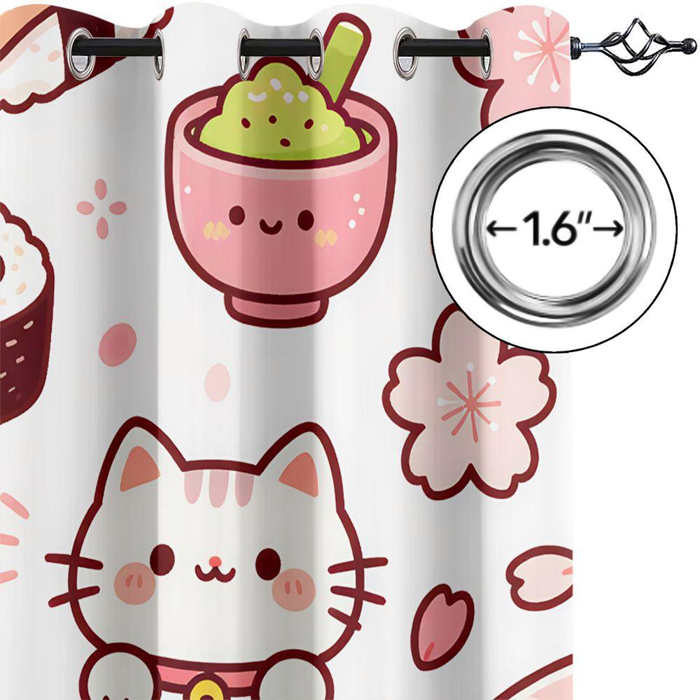 2 Panels Kawaii Sushi Cat Sakura Curtains 85% Light Blocking Drapes Bedroom Living Room Stylish Home Decor Holiday Gift
