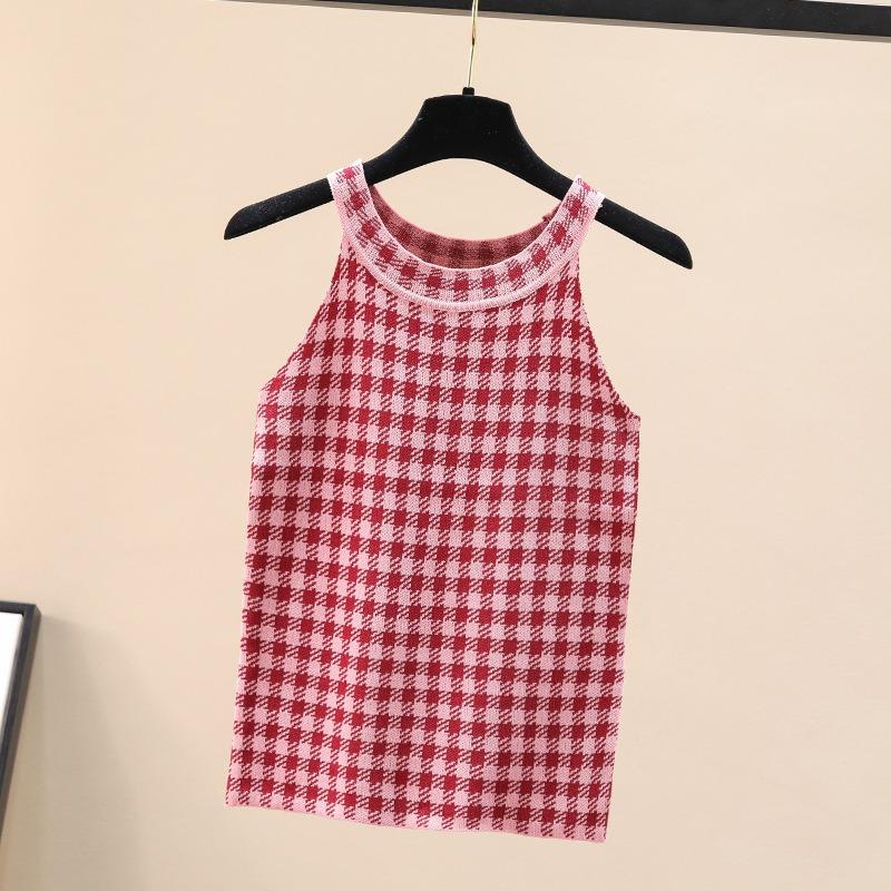 Letní síťový nový jahodový tisíc ptáků kostkovaný dámský letní sexy roztomilý krátký ohlávkový top vesta postroj