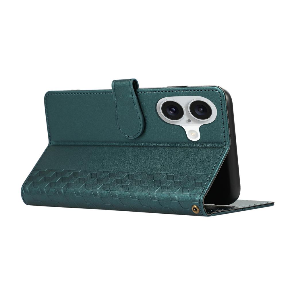 For iPhone 16 Case 3D Rhombus Grid Imprinted Wallet Leather Phone Cover with Lanyard