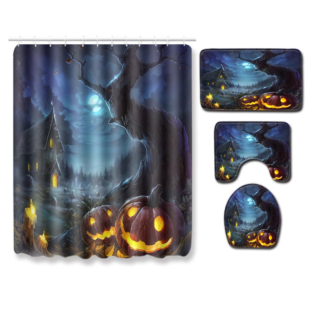 Halloween Shower Curtain Floor Mat Combination Four-Piece Set Bathroom Toilet Carpet Shower Room Foot Mat