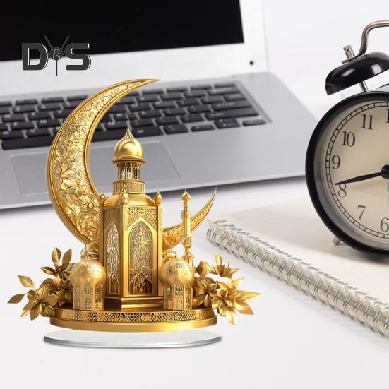 Acrylic Moon Castle Ornament 2D Flat Golden Crescent Moon Mosque Table Sign Holiday Party Home Office Living Room Bedroom Desktop Decoration
