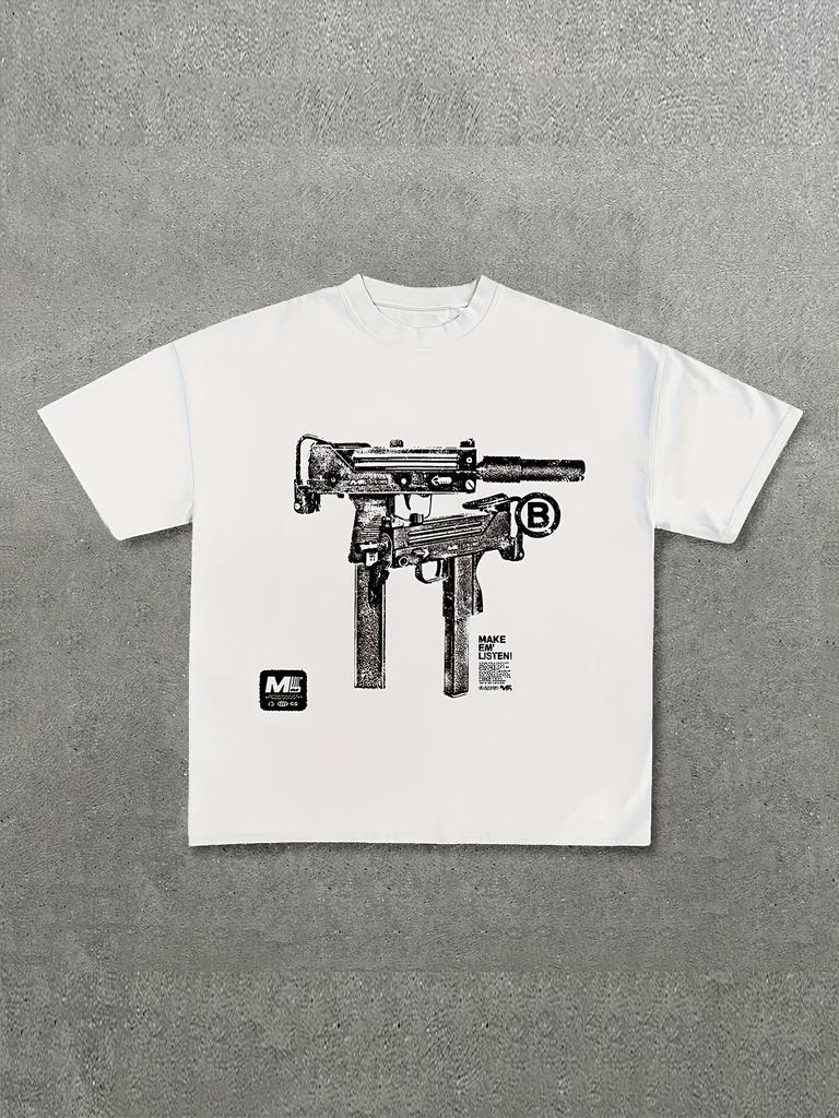 Unisexs Gun Pattern TShirt Black Street Casual ShortSleeved TShirt White Line Art LooseFitting RoundNeck Summer Top