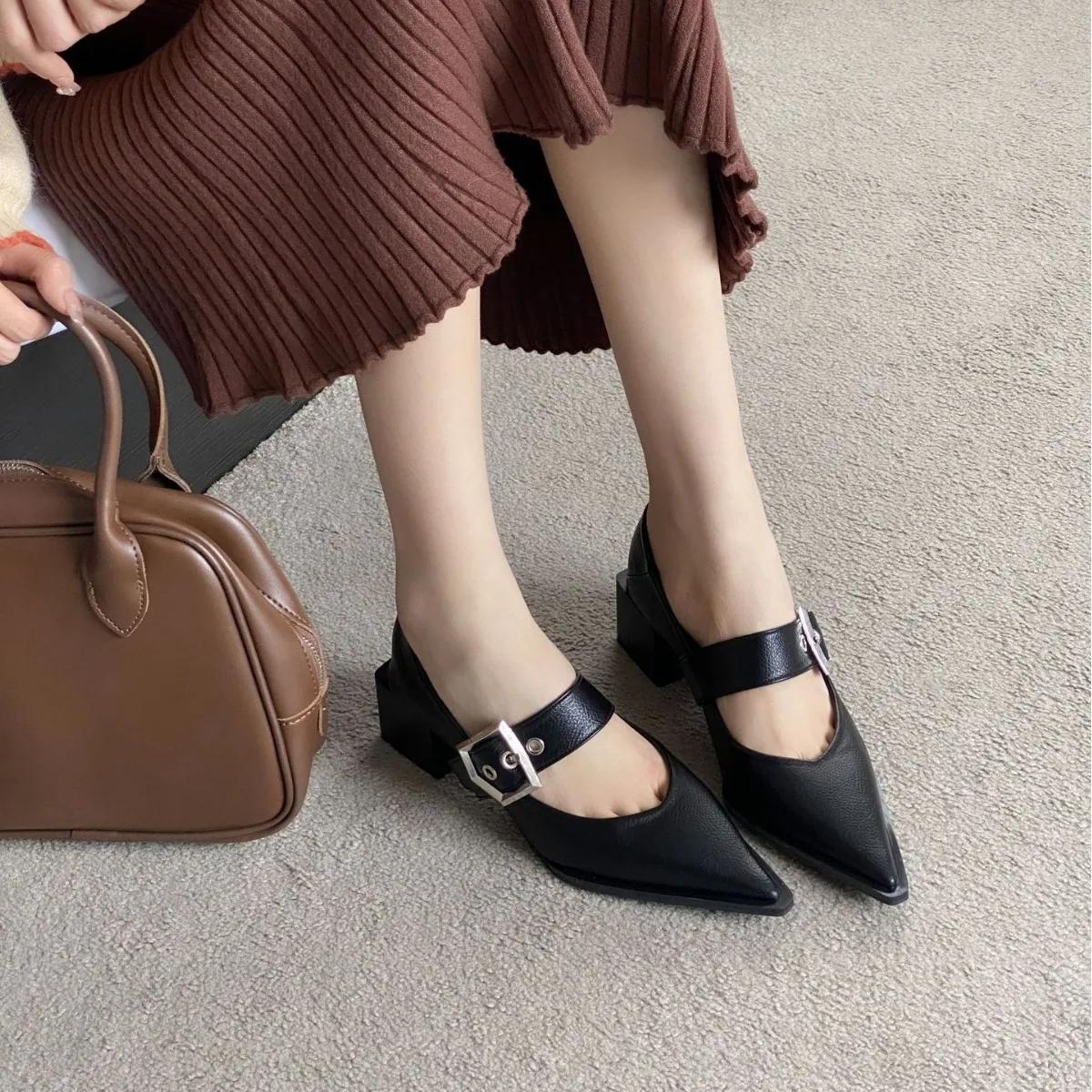 

Female New 2025 Footwear Heels Women Pumps Shallow Shoes Pointed Toe Fashion Metal Buckle Strap Ladies Thick Heels Shoes 35 чёрный
