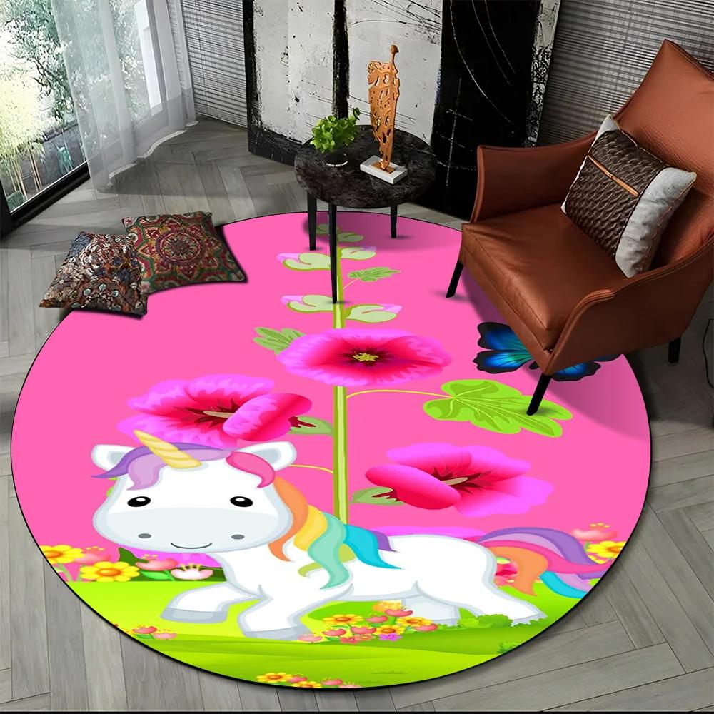 Unicorn Cartoon Animal Round Carpet Rug for Living Room Children's Bedroom Sofa Decor,Kid Paly Game Area Rug Non-slip Floor Mat
