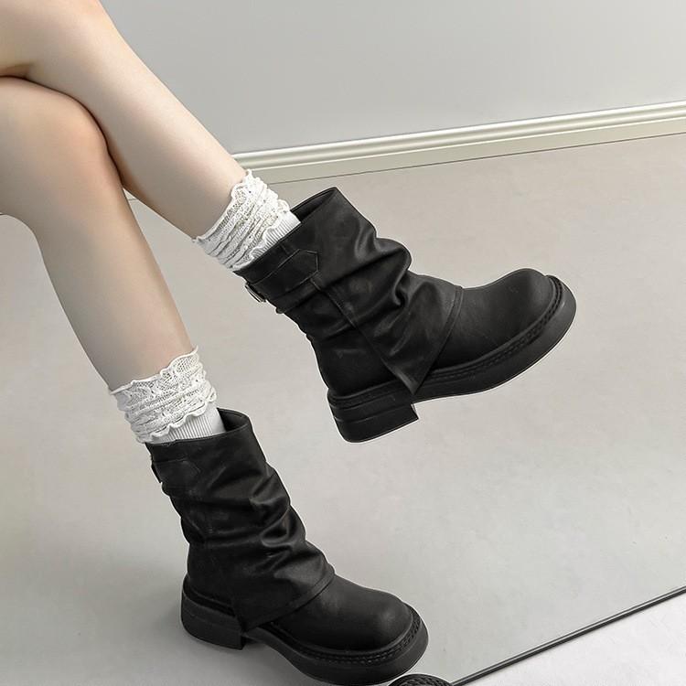 Leather retro pile short boots women's 2025 autumn new thick-soled Martin boots summer brown boots Maillard trouser boots